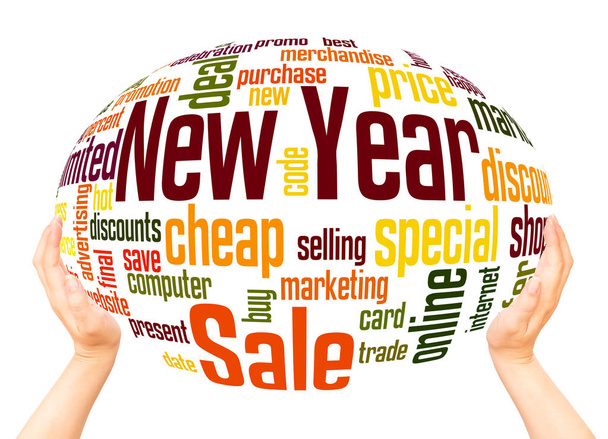Conceito de esfera de nuvem de palavra de venda de ano novo no fundo branco
. - Foto, Imagem