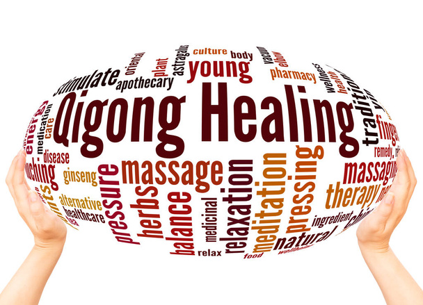 Qigong gyógyító szó felhő gömb fogalmát a fehér háttér. - Fotó, kép