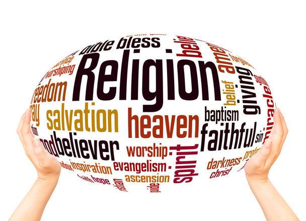 Religión palabra nube mano esfera concepto sobre fondo blanco
.  - Foto, imagen