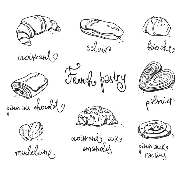 Pastelaria francesa. Sobremesas tradicionais assadas. Esboço vetorial preto e branco
 - Vetor, Imagem