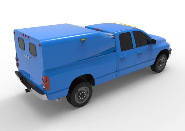 Camion de livraison de véhicules utilitaires bleus avec une cabine double et une camionnette. Machine sans insigne avec un corps vide propre pour accueillir vos logos et étiquettes. Rendu 3d
. - Photo, image