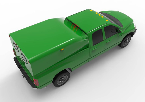 Зелена вантажівка для доставки комерційних автомобілів з подвійною кабіною та фургоном. Машина без знаків з чистим порожнім тілом для розміщення ваших логотипів та етикеток. 3D візуалізація
. - Фото, зображення