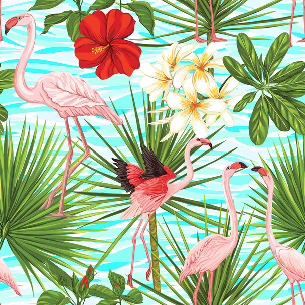 ベクターのシームレスなパターン、フラミンゴと熱帯の植物の背景  - ベクター画像