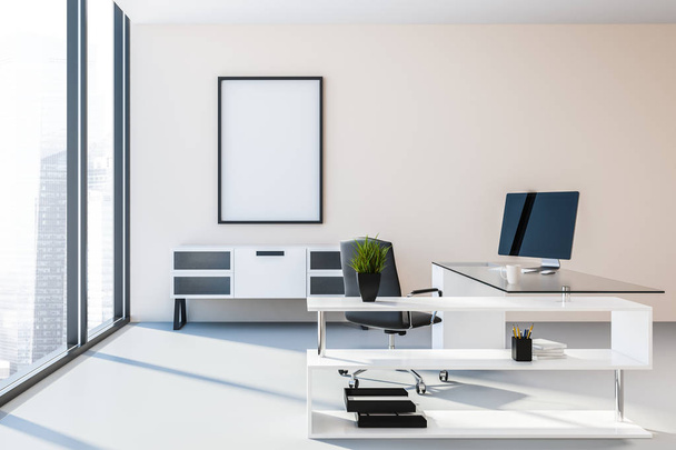 Manager-Büro mit pfirsichfarbenen Wänden, Betonboden, Panoramafenstern, einem großen Computertisch und einem vertikalen Plakatmock-Rahmen. 3D-Darstellung - Foto, Bild