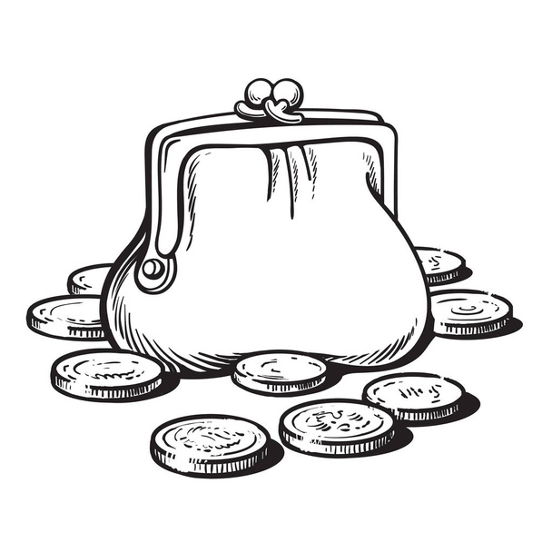Sketch of purse with coins. Cartoon style hand drawn vector - Vecteur, image