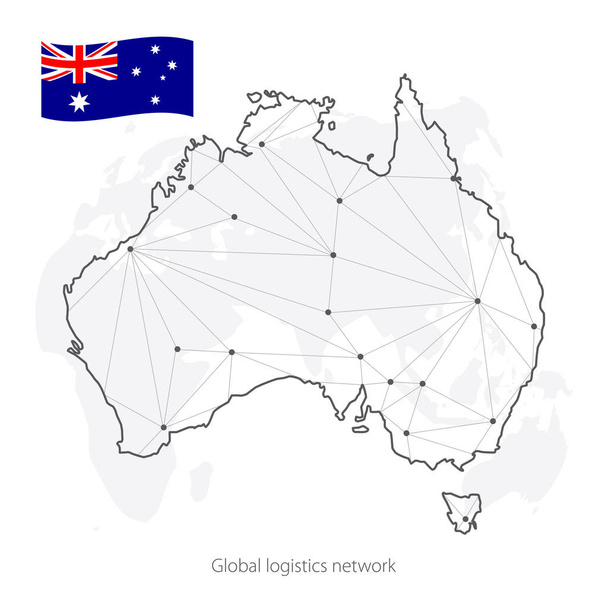 Wereldwijde logistieke netwerk concept. Communicatie netwerk kaart Australie op de achtergrond van de wereld. Kaart van Australië met knooppunten in veelhoekige stijl en vlag. Vectorillustratie Eps10.  - Vector, afbeelding