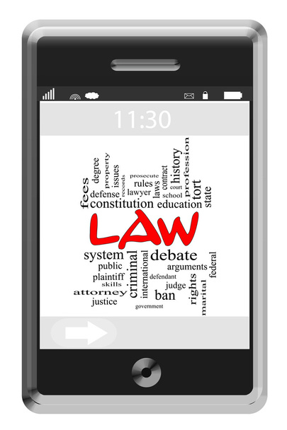 タッチ スクリーン携帯電話の法律単語雲概念 - 写真・画像