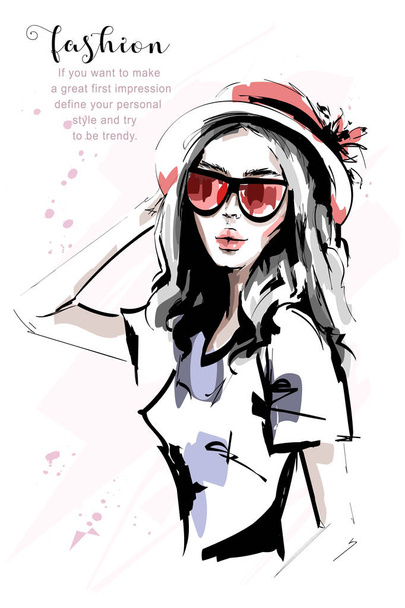 Hand drawn beautiful young woman in red hat. Stylish elegant girl. Fashion woman portrait. Sketch. - Vector, Image