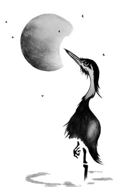 The watercolor illustration shows a black crane standing on one leg in a pond on the background of the moon. He is watching the midges. Illustration executed in chinese style, isolated on white background. - Foto, Bild