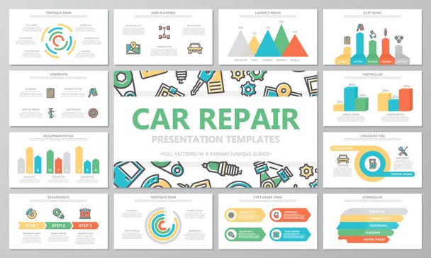 Car service and auto repair multipurpose presentation templates and infographics elements on white background. Use for business annual report, flyer, corporate marketing, leaflet, advertising - Vector, Image