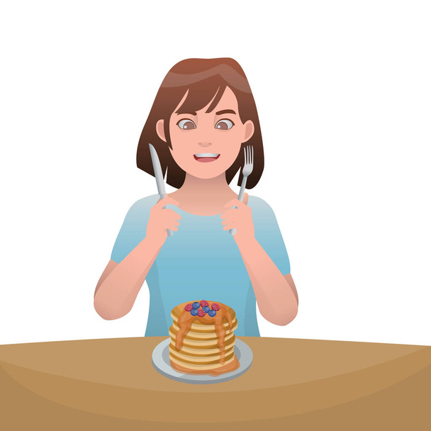 パンケーキの図ベクトルの漫画を食べる女子高生 - ベクター画像