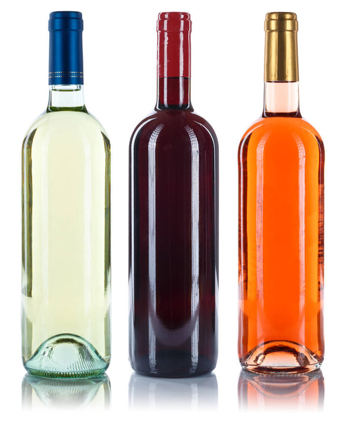 Collection of wine bottles wines red white rose isolated on a white background - Zdjęcie, obraz