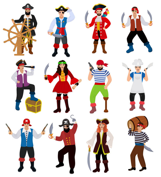 Pirate vector piratic character buccaneer man in pirating costume in hat with sword illustration set of piracy sailor person isolated on white background - Vettoriali, immagini