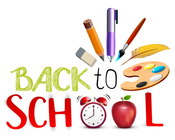 戻る学校テキストの概念。教育のシンボル オブジェクト赤リンゴ、パレット、鉛筆、目覚まし時計。白いベクトル漫画イラストを分離 - ベクター画像