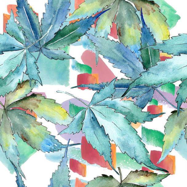 Watercolor green cannabis leaves. Leaf plant botanical garden floral foliage. Seamless background pattern. Fabric wallpaper print texture. Aquarelle leaf for background, texture, wrapper pattern. - Фото, изображение