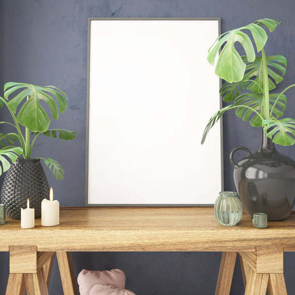 mock up poster on table in hipster style Scandinavian interior with tropical plants  - Photo, Image