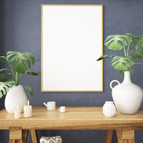 mock up poster on table in hipster style Scandinavian interior with tropical plants  - Photo, Image