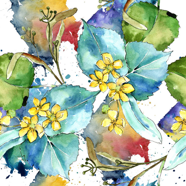 Akvarell linden zöld levelek. Leveles növény botanikus kert virágos lombozat. Varratmentes háttérben minta. Szövet nyomtatási textúrát. A háttér, a textúra, a burkoló minta Aquarelle-levél. - Fotó, kép