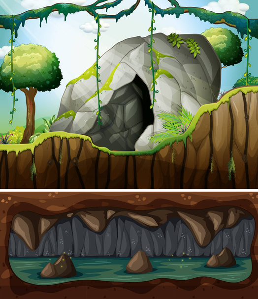 Μια σπηλιά είσοδο και υπόγεια σκηνή εικόνα - Διάνυσμα, εικόνα