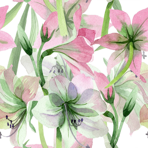 Watercolor pink amarylis flower. Floral botanical flower. Seamless background pattern. Fabric wallpaper print texture. Aquarelle wildflower for background, texture, wrapper pattern, frame or border. - Foto, Imagen