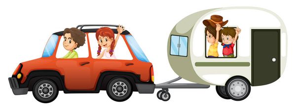 Uma viagem de carro em família sobre fundo branco ilustração
 - Vetor, Imagem
