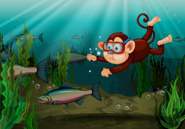 Um macaco pegando peixe na ilustração do rio
 - Vetor, Imagem