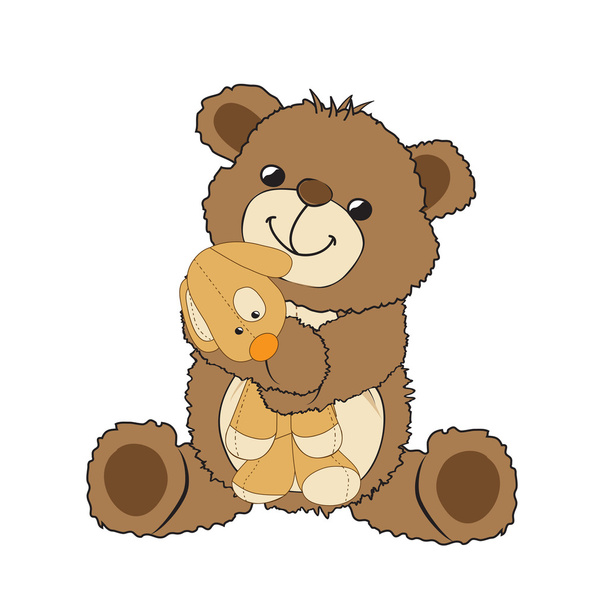 Teddybär spielt mit seinem Spielzeug, einem kleinen Hund - Foto, Bild