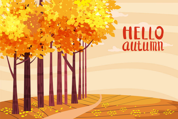 Hello autumn, Autumn alley, path in the park, fall, autumn leaves, lettering, mood, color, vector, illustration, cartoon style, isolated - Vektör, Görsel