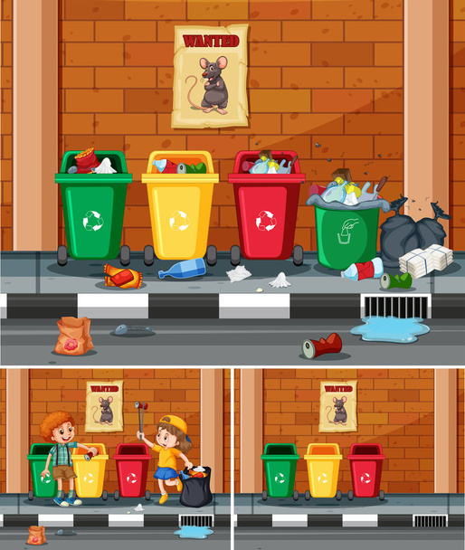 Діти-добровольці збирають сміття на вуличній ілюстрації
 - Вектор, зображення