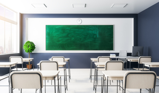 New classroom interior with empty chalkboard, furniture and daylight. Education and school concept. Mock up, 3D Rendering  - 写真・画像