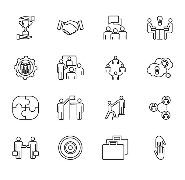 Team collaboration vector illustration collection set. Outlined icons with people cooperation, working together, meeting about strategy to success goal for business. - ベクター画像