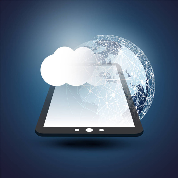 Cloud Computing koncepce designu - digitální síťová připojení, technologie na pozadí s Earth zeměkoule a Tablet Pc - Vektor, obrázek