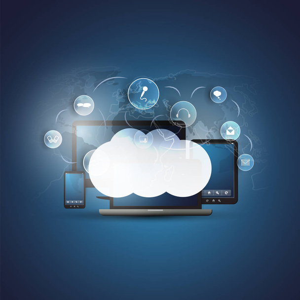 Conceito de Design de Computação em Nuvem com Dispositivos Eletrônicos, Mapa Mundial e Ícones Representando Mídia e Serviços Digitais - Conexões de Rede, Fundo de Tecnologia
 - Vetor, Imagem