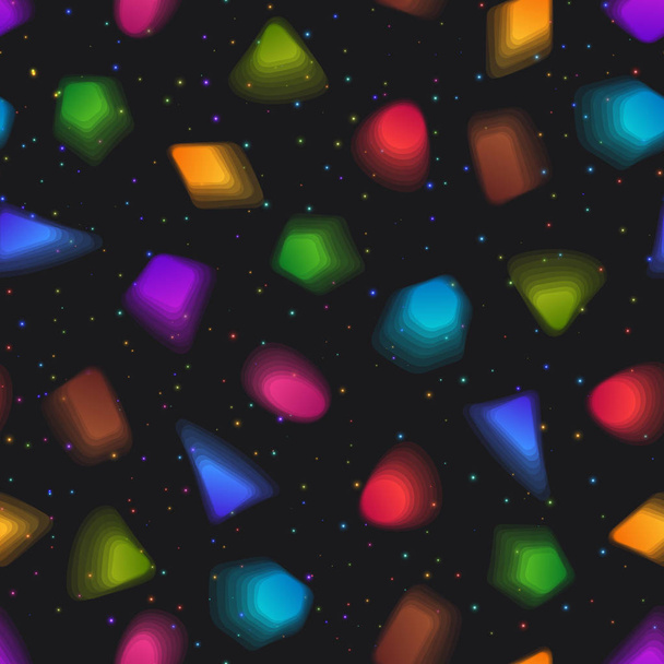 暗い星空の背景にカラフルな透明な図形の幾何学的なシームレス パターン。シンプルな色形の抽象的なレトロな連続的な背景. - ベクター画像