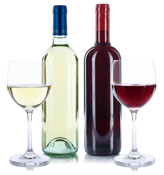 Κόκκινο και λευκό κρασί μπουκάλια ποτών γυαλιά πλατεία απομονωθεί σε λευκό φόντο - Φωτογραφία, εικόνα