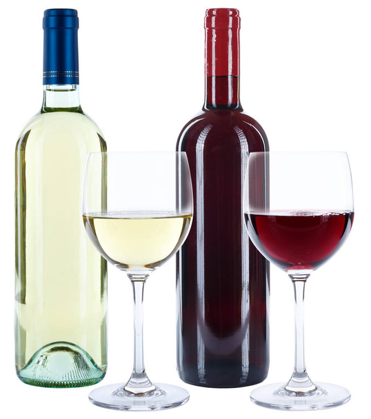Μπουκάλια κρασιού ποτήρια κρασί κόκκινο και λευκό οινόπνευμα που απομονώνονται σε λευκό φόντο - Φωτογραφία, εικόνα