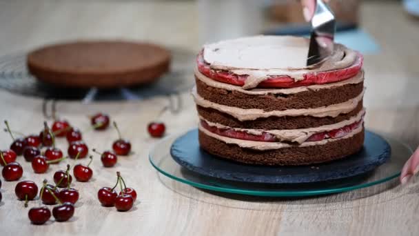 Process of cooking chocolate sponge cake. Making chocolate cherry cake - Footage, Video