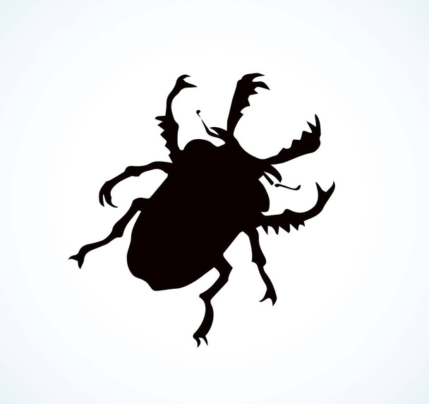 Big cute crawly lucanid stagbeetle on light backdrop. Dark ink hand drawn insecta logotype emblem insignia in retro art contour etch style on paper space for text. Close up detail view - Vector, Image
