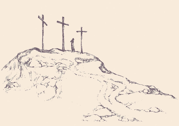 Drei historische jüdische Grabhügel. traditionelle Fastenszene gekreuzigt isoliert auf weißem Hintergrund. Umriss schwarze Tusche handgezeichnete Bildskizze im Doodle-Retro-Stil auf Papier und Platz für Text am Himmel - Vektor, Bild