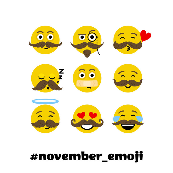 Ilustración vectorial, conjunto de emoji con bigote y barba. Noviembre mens salud conciencia mes emoji
. - Vector, Imagen