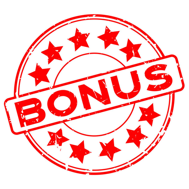 Grunge Red Bonus mit Stern-Symbol runden Gummidichtungsstempel auf weißem Hintergrund - Vektor, Bild