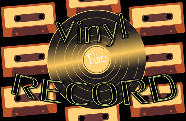 Hudební zvuk je starý starožitný vinyl záznam vintage retro bokovky a nápisem vinyl záznam na pozadí 60, 70, 80, 90 let na pozadí audio kazety. Vektor - Vektor, obrázek
