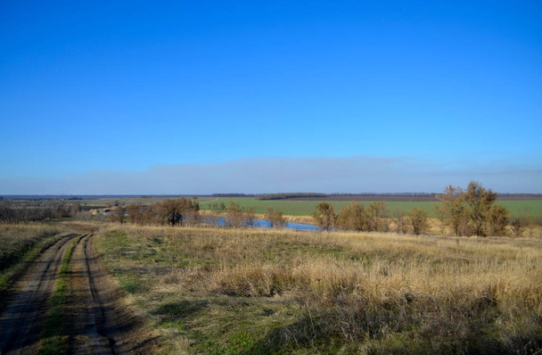 Country road and river in the steppe. Blue sky and haze of clouds. Green field in the distance. Dry grass in the foreground - Valokuva, kuva