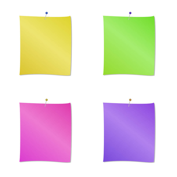 Not kağıtları ve itme PIN, mesajınız için hazır farklı renkli sayfa topluluğu. Vektör çizim. Beyaz arka plan üzerinde izole - Vektör, Görsel