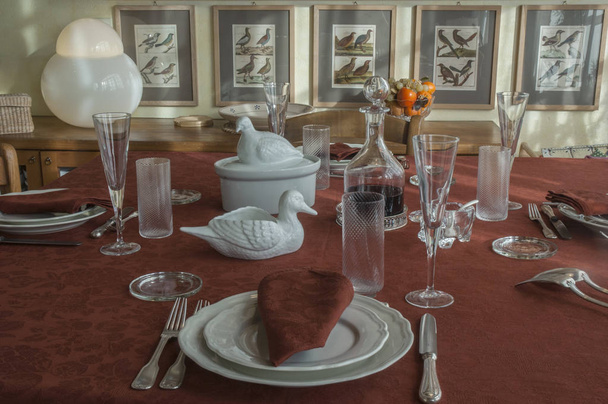 Σετ τραπέζι με τραπεζομάντηλο κόκκινο και άσπρο κεραμικά πιάτα και σε σαλτσιέρα διαμορφώνεται ως μια πάπια - Φωτογραφία, εικόνα