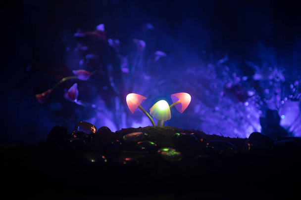 Three fantasy glowing mushrooms in mystery dark forest close-up. Beautiful macro shot of magic mushroom or three souls lost in avatar forest. Fairy lights on background with fog. Selective focus - Photo, Image