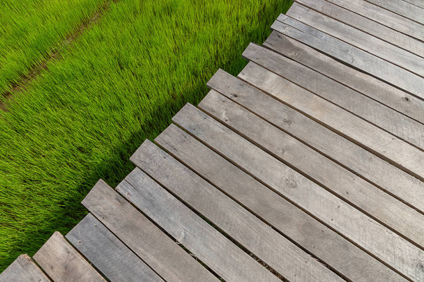 Wooden plank above the grass with space. - Foto, Imagem