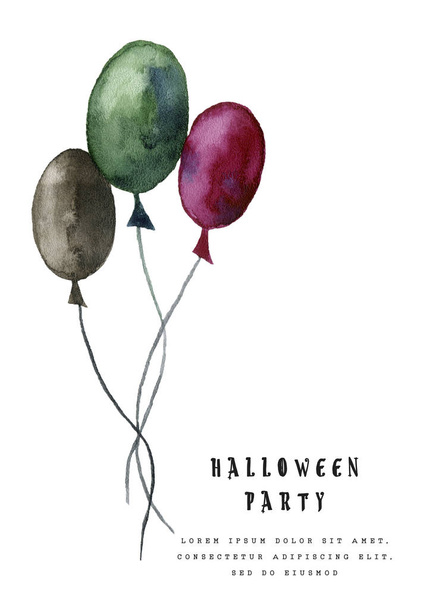Halloween illustration with balloons on white background. Hand drawn watercolor illustration. - Valokuva, kuva