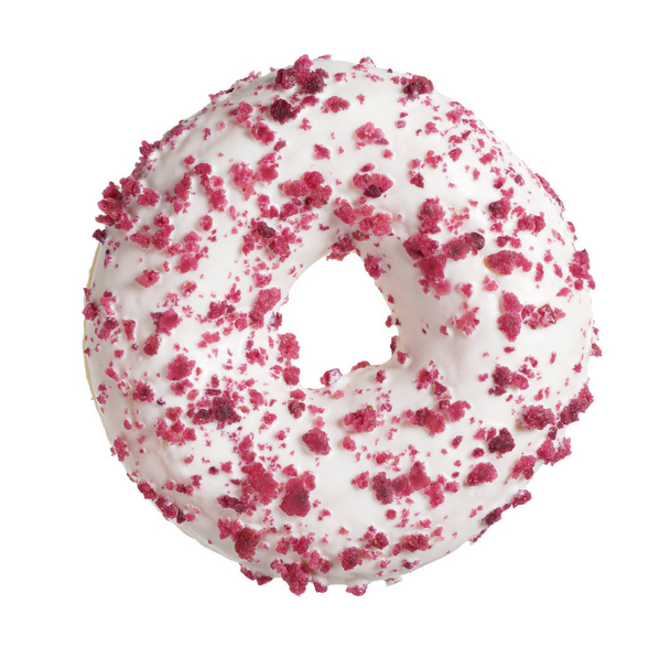 Donut con queso crema decorado con migas de fruta roja aisladas sobre fondo blanco, vista superior
 - Foto, imagen