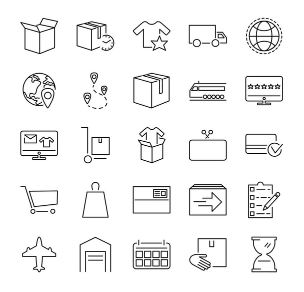 Order fulfillment vector illustration icon collection set. Outlined pictorgrams about online shopping, delivery service, goods packaging and purchase from storehouse. - ベクター画像